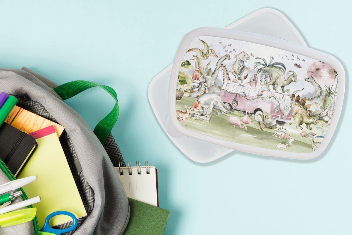 für (2-tlg), Kunststoff, Kinder, Mädchen Kinder MuchoWow - Bäume - Bus Brotbox weiß Brotdose, für Lunchbox - und - Kinder Tiere - Dinosaurier Erwachsene, Jungs und