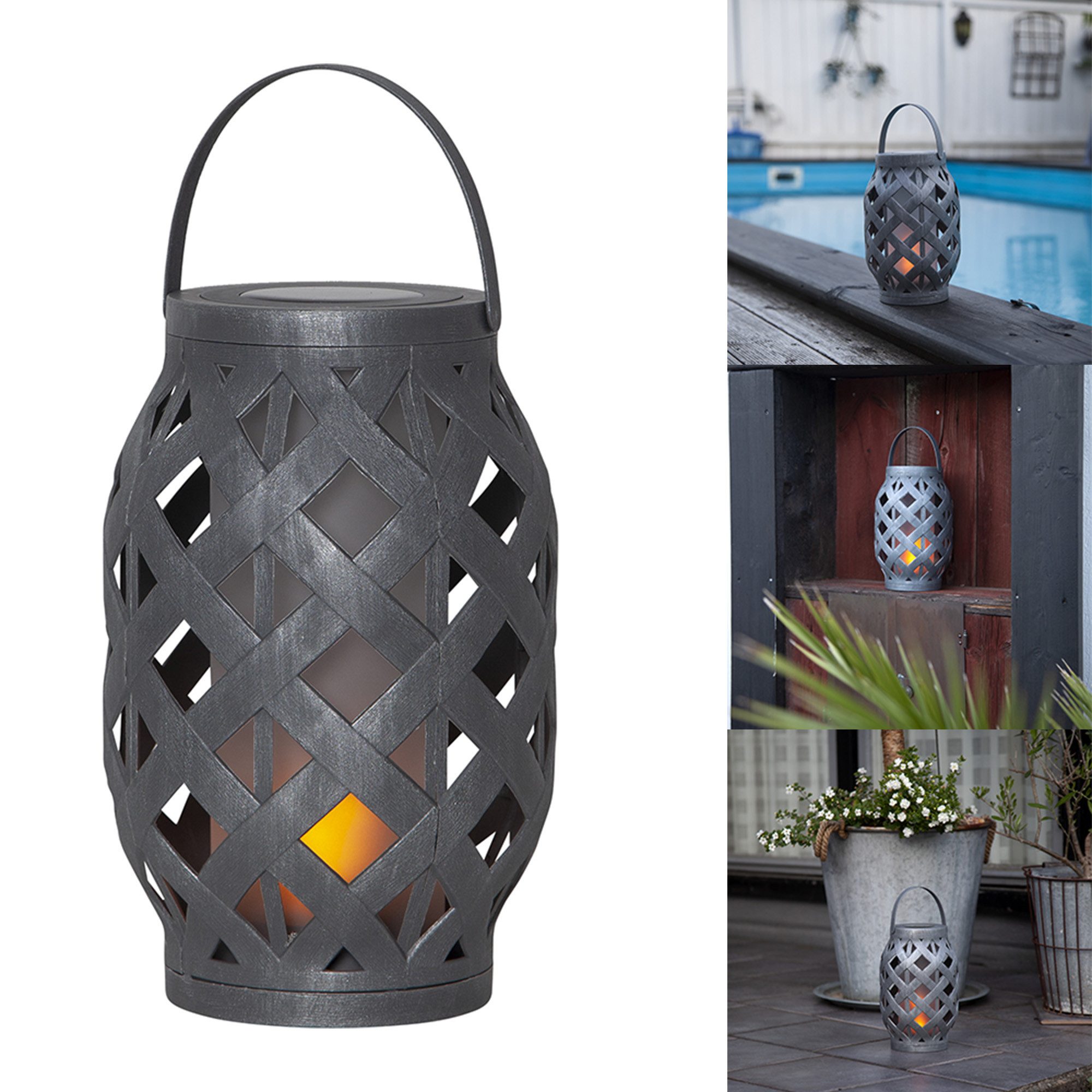 STAR TRADING LED Solarleuchte Flame, LED Outdoor-Laterne,Flame Lantern, Batterie und Timer, grau, 23cm, Ø