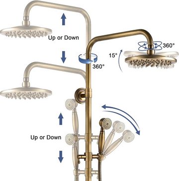 AIMOYO Duschsystem Antik Messing Duscharmatur Set Retro Gold Dusche mit Regendusche, mit 8" Regendusche Handbrause Kopf - Höhenverstellbar 70~120cm