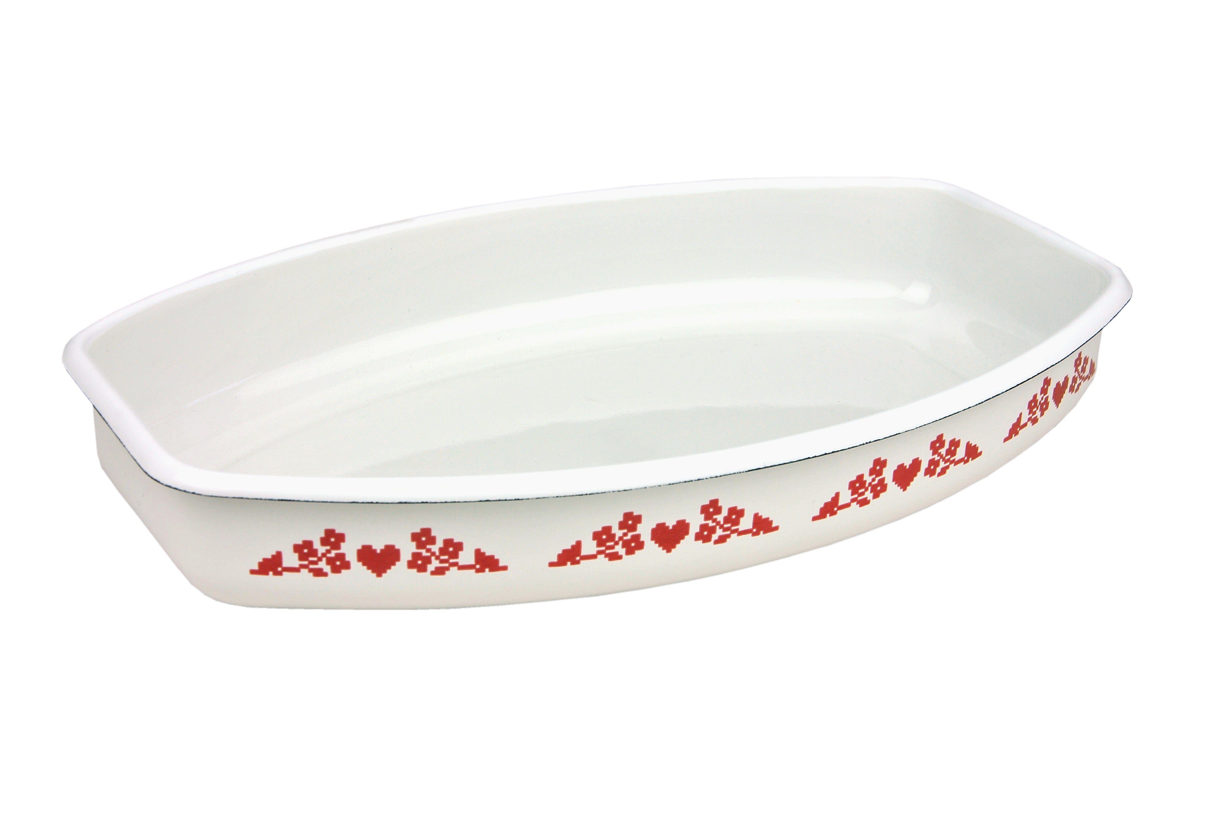 Münder-Email Auflaufform Emaille Brotkorb / Auflaufform weiß rote Dekorleiste Auflauf