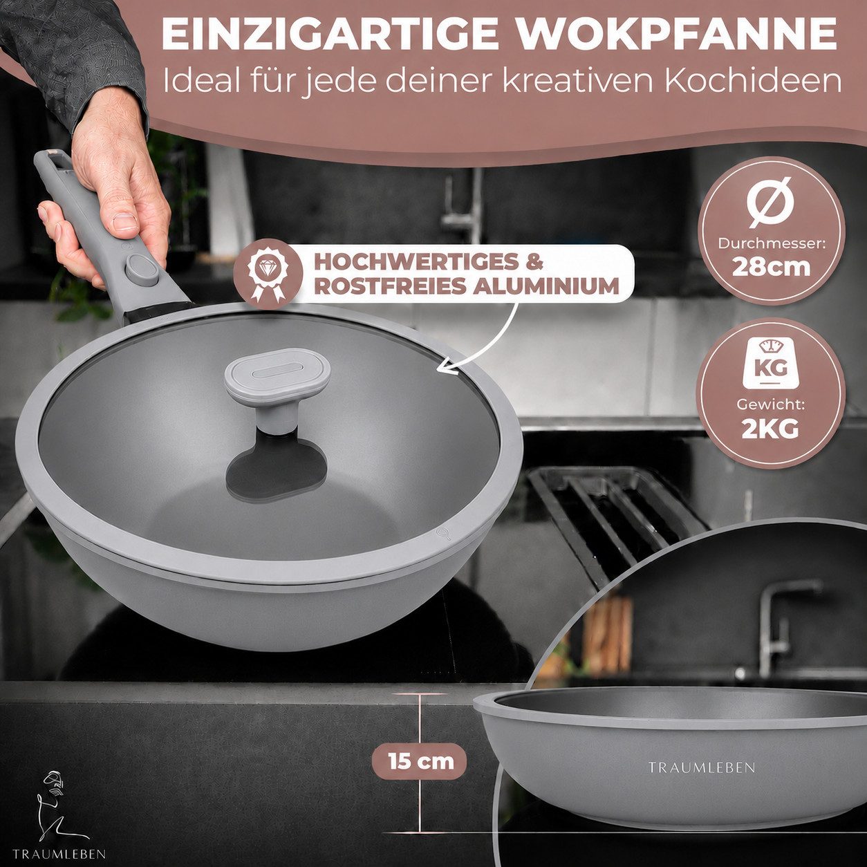 TRAUMLEBEN Wok 28 cm Wokpfanne mit Deckel, abnehmbarer Griff, Antihaftbeschichtung, aus Aluminium, für Induktion geeignet, backofenfest, hoher Rand – Bild 2 von 5