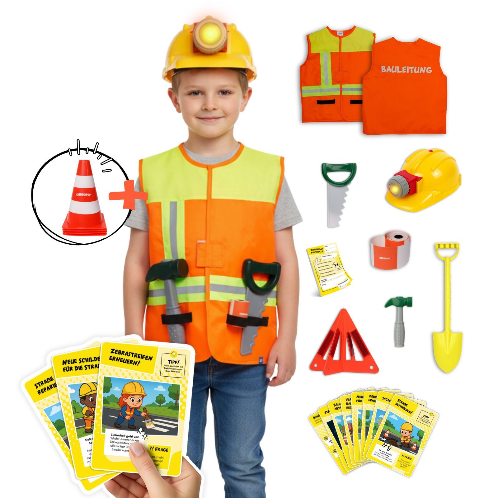 alldoro Spielzeug-Schutzweste Bauleitung Rollenspiel & Lernset, Bauleiter-Kostüm inkl. 4 Pylonen, für Kinder 3-6 Jahre, Verkleidung mit Weste, Helm, Zubehör & 8 Karten