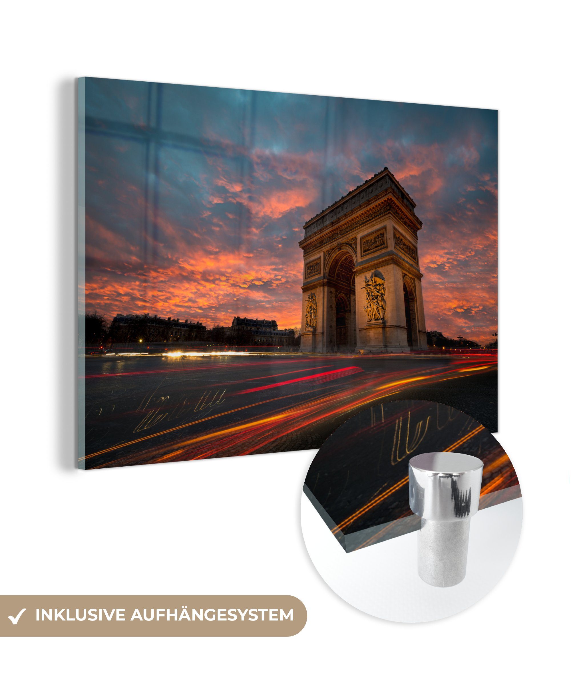 Acrylglasbilder (1 Acrylglasbild Farbenfroher über Paris, dem in & Wohnzimmer Schlafzimmer Triumphbogen Himmel MuchoWow St),