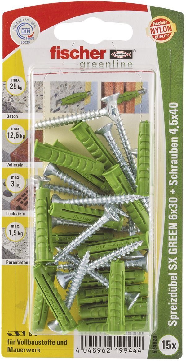 fischer Schrauben- und Dübel-Set Fischer Spreizdübel SX green 6.0 x 30 mm - 15