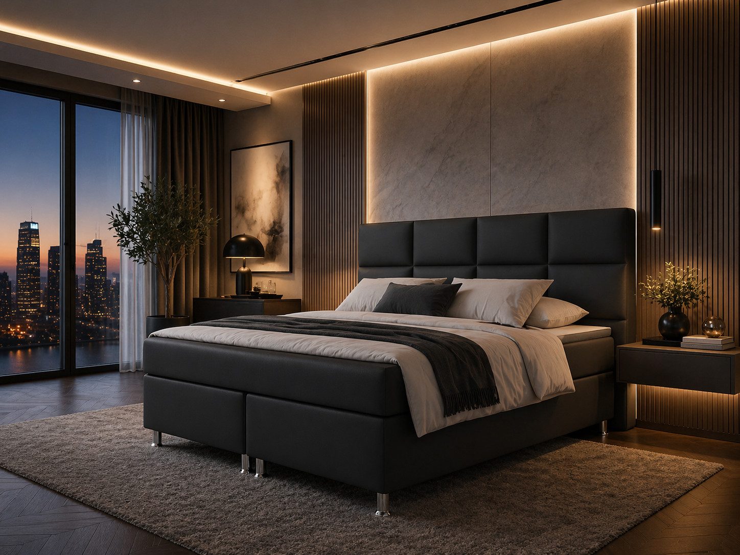 inter Boxspringbett Miami 180x200 cm Kunstleder mit 7-Zonen TFK und Topper (180x200 cm, Schwarz mit 7 Zonen Taschenfederkernmatratzen und Topper), Boxspringbett, Hotelkomfort, Mit Topper, Tonnentaschenfederkern