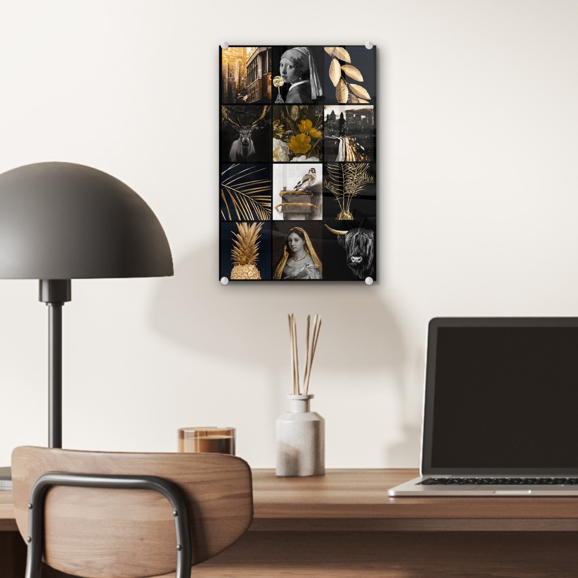 MuchoWow Acrylglasbild Collage - Gold auf Wanddekoration Wandbild (1 Bilder Kunst - Blumen, - - Glasbilder Foto St), auf Glas - - Glas