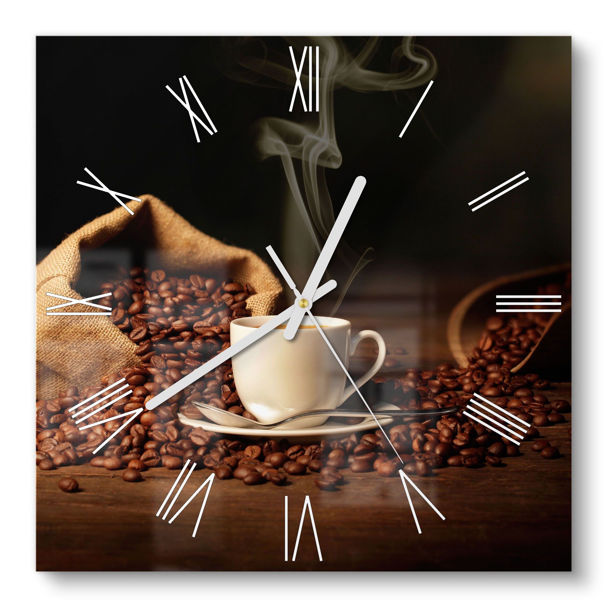 DEQORI Wanduhr 'Kaffeetasse mit Bohnen' (Glas Glasuhr modern Wand Uhr Design Küchenuhr)