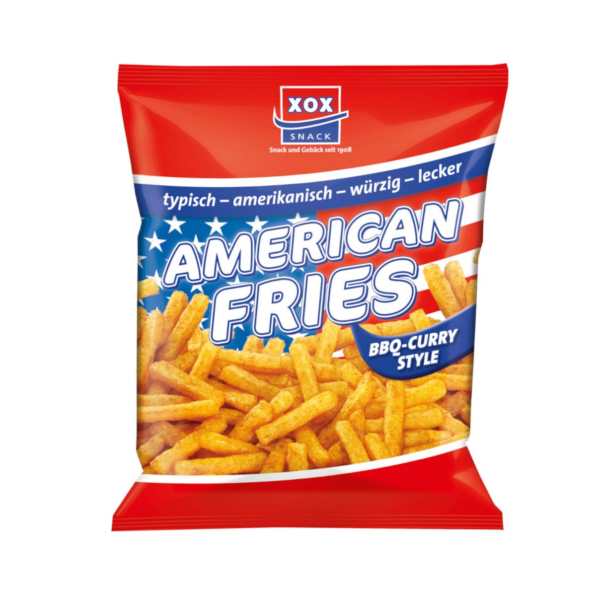 XOX Knabberei, XOX American Fries Curry BBQ Mais Kartoffel Snack Beutel 125g