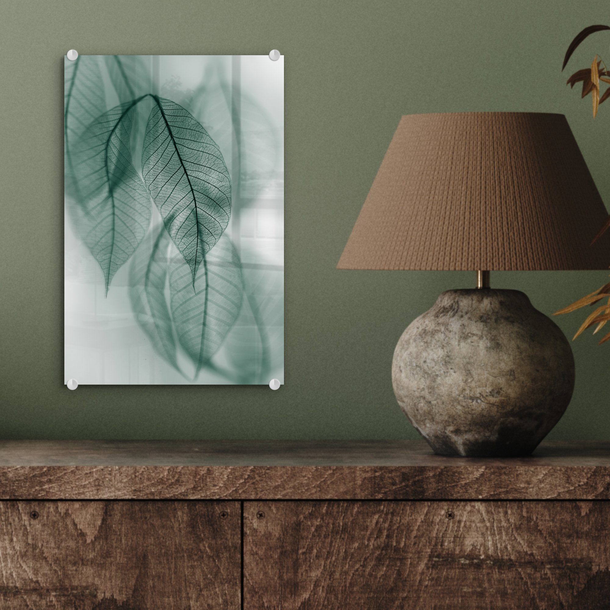 Glas - - Wandbild Bilder Foto Natur Wanddekoration auf MuchoWow - Stilleben, Glas (1 St), Acrylglasbild Glasbilder Blätter - Grün - - auf