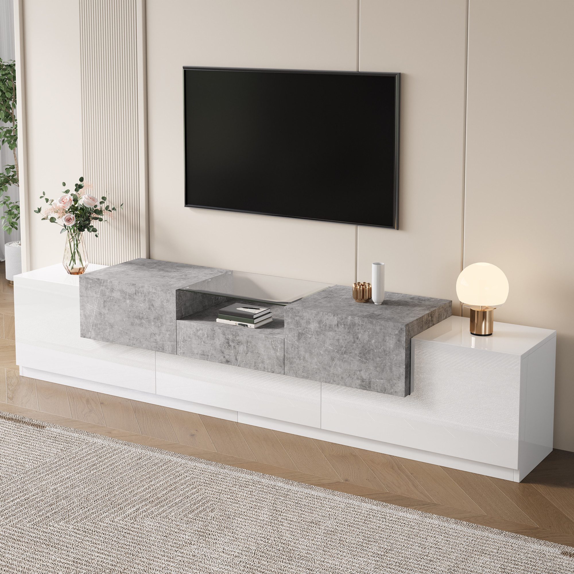 Odikalo TV-Schrank Lowboard Fernsehschrank mit gehärteter Glasoberfläche Schublade (Wohnzimmerschrank Verbundplatte weiß-zementgraue Kombination, Seitentüren zentrale Schublade offene Ablage mit gehärtetem Glas darüber Klapptür unter der Schublade Kabeldurchlass gedämpfte Scharniere)