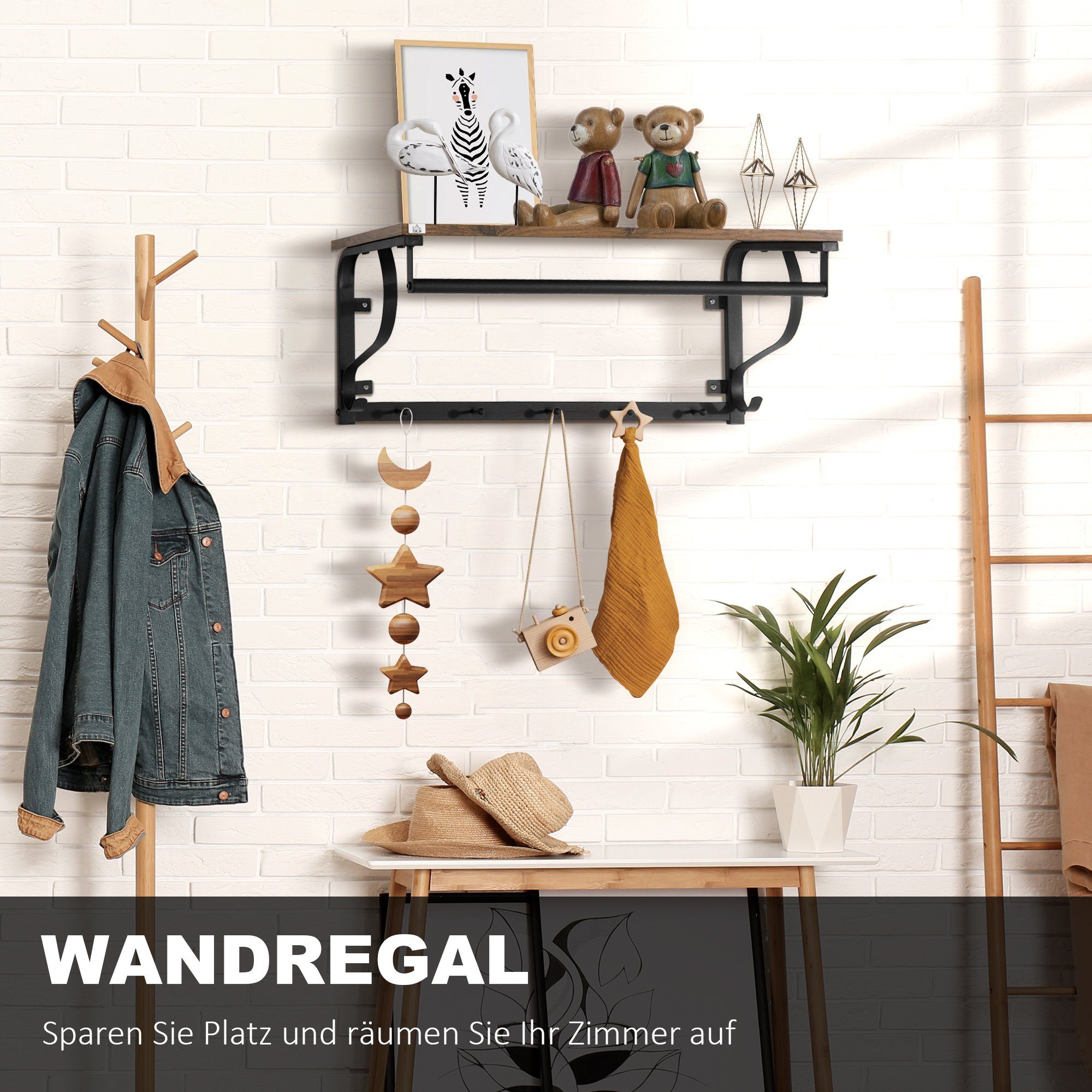 Wandregal, Haken 5 Badezimmer Wohnzimmer mit Hängeregal 1-tlg., Set für HOMCOM Wandregal Stahl+Holz