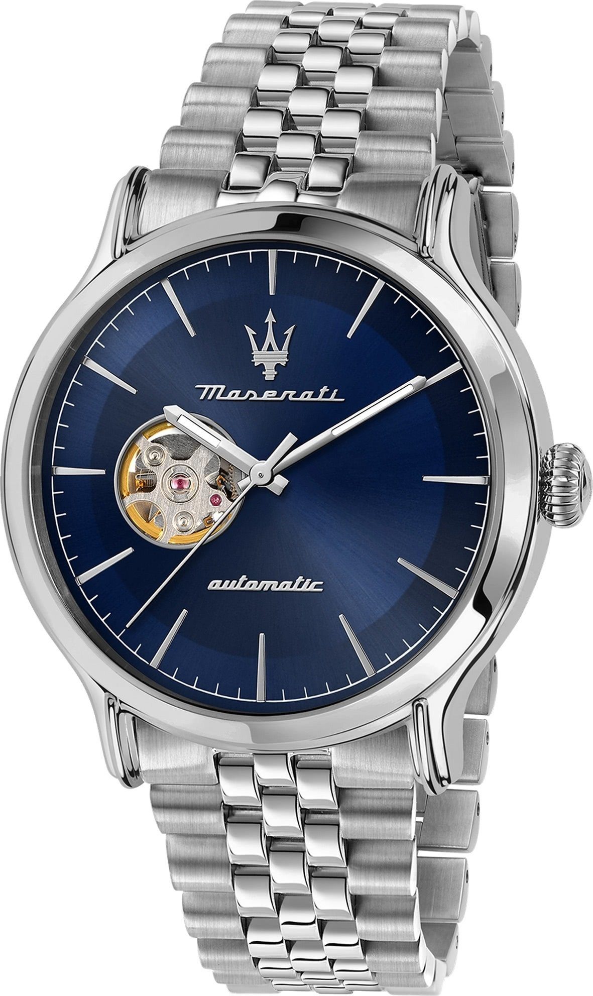 MASERATI Quarzuhr Maserati Herren Armbanduhr Epoca, Herrenuhr rund, groß (ca. 42mm) Edelstahlarmband, Made-In Italy blau