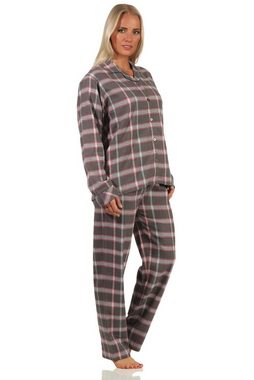 Creative by Normann Pyjama Damen Flanell Schlafanzug kariert mit Knopfleiste und Hemdkragen