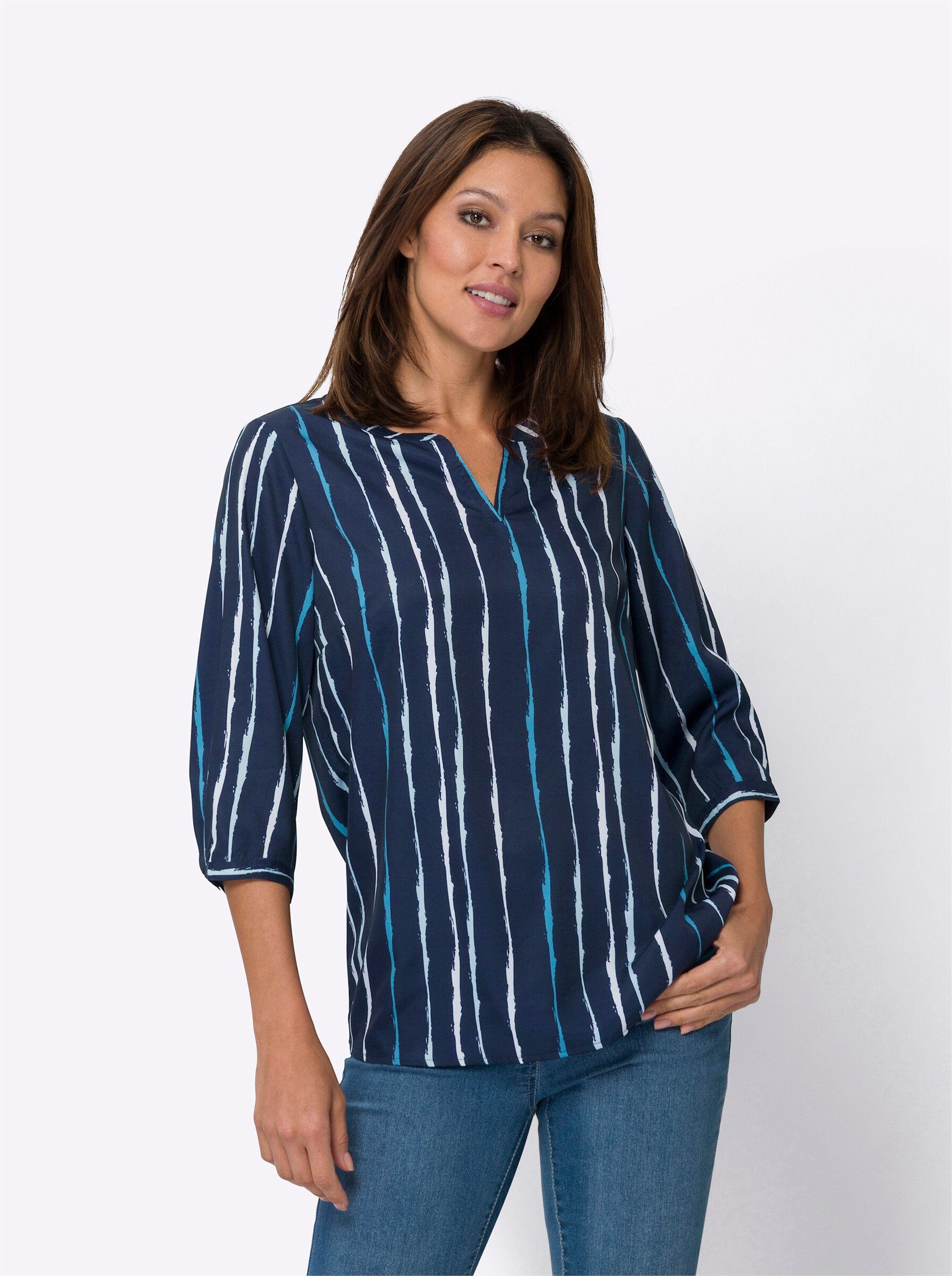 Klassische Bluse marine-hellblau-bedruckt an! Sieh