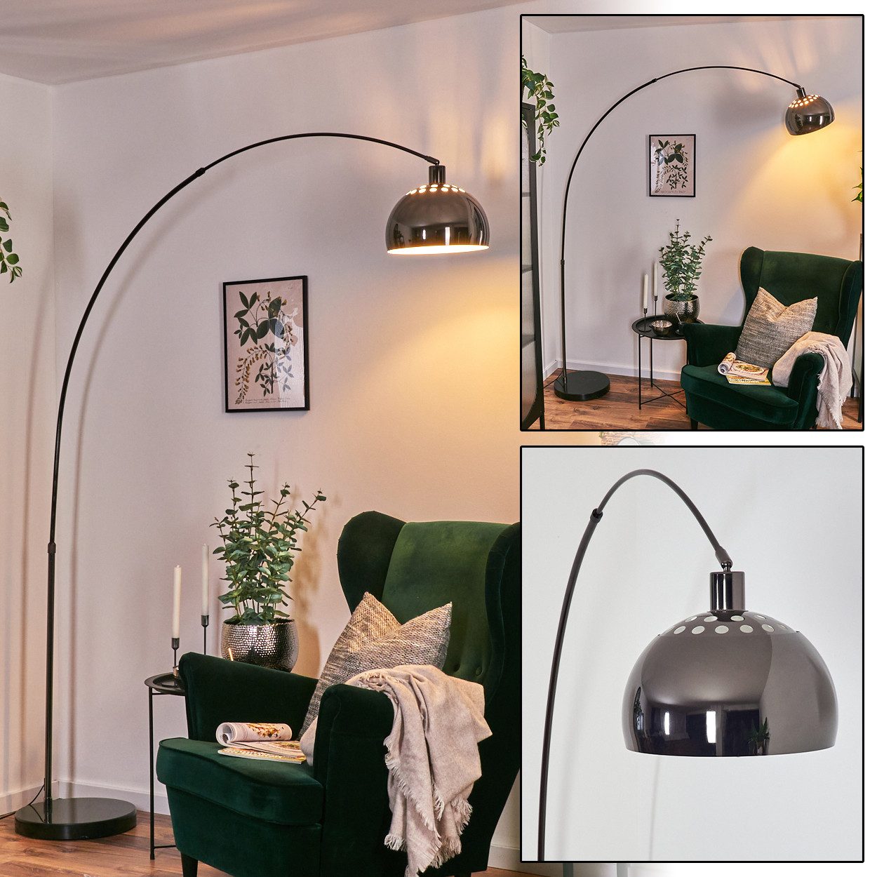 Bogenlampe Stehlampe aus Metall mit Marmorfuß in Schwarz/Chromfarben/Weiß