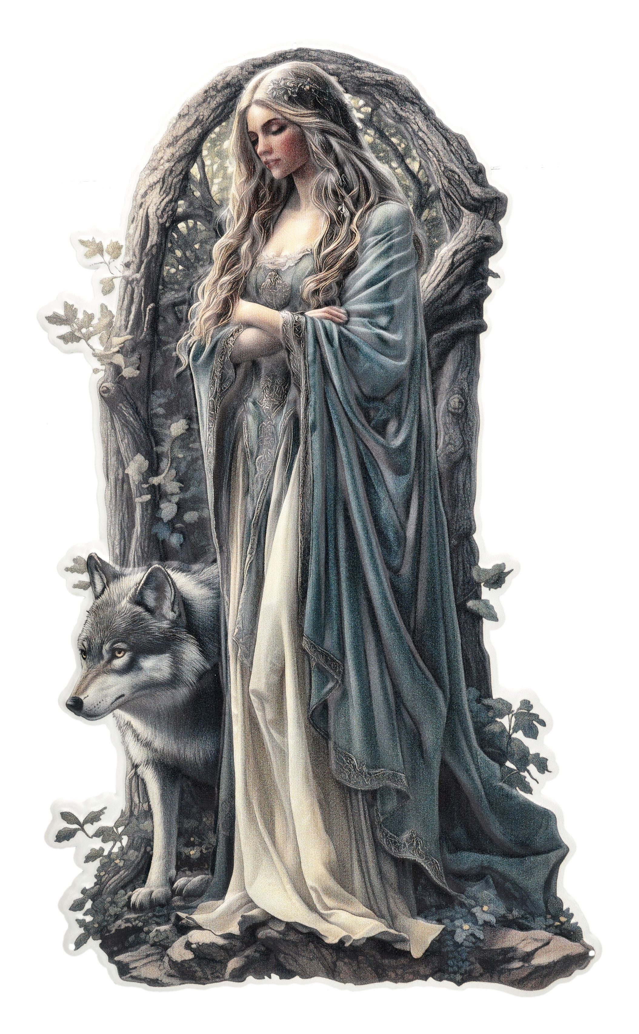 Figuren Shop GmbH Wanddekoobjekt Elfen Metallschild – Gothic Fantasy Wanddeko mit Wolf Relief 49 cm