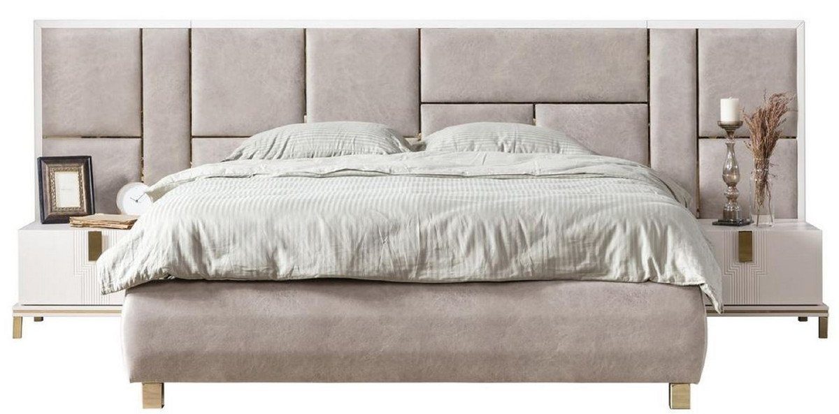 Casa Padrino Bett Massivholz Schlafzimmer Set Grau / Weiß / Gold - 1  Doppelbett mit Kopfteil & 2 Nachttische - Schlafzimmer Möbel