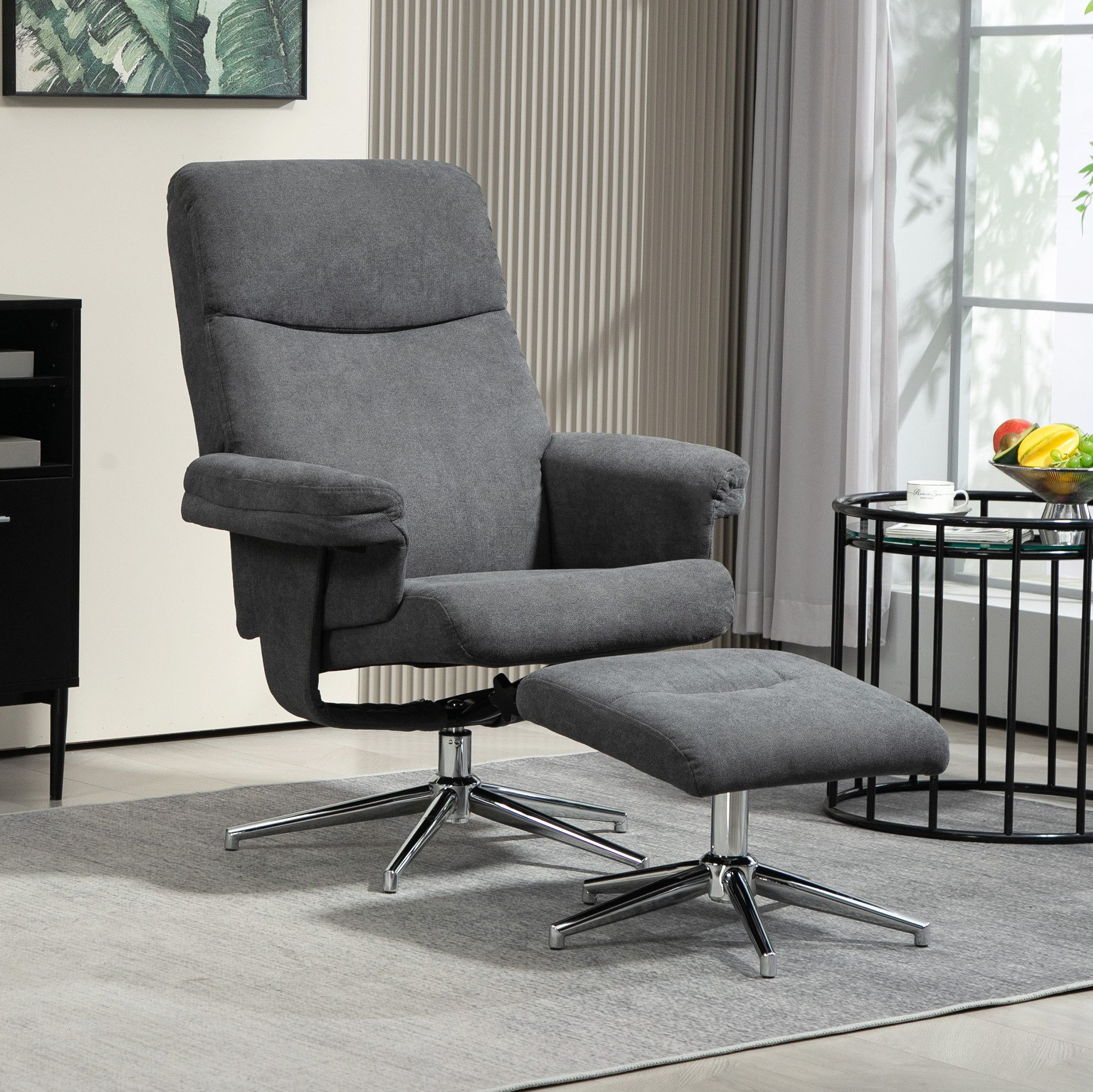 OKWISH Relaxsessel mit Hocker Dunkelgrau Samtoptik, gepolsterter Fernsehsessel Wohnzimmer (2-St., Liegefunktion, stabile Konstruktion, komfortable Relaxposition), Liegesessel für Wohn- & Schlafzimmer, vielseitiger Ruhesessel