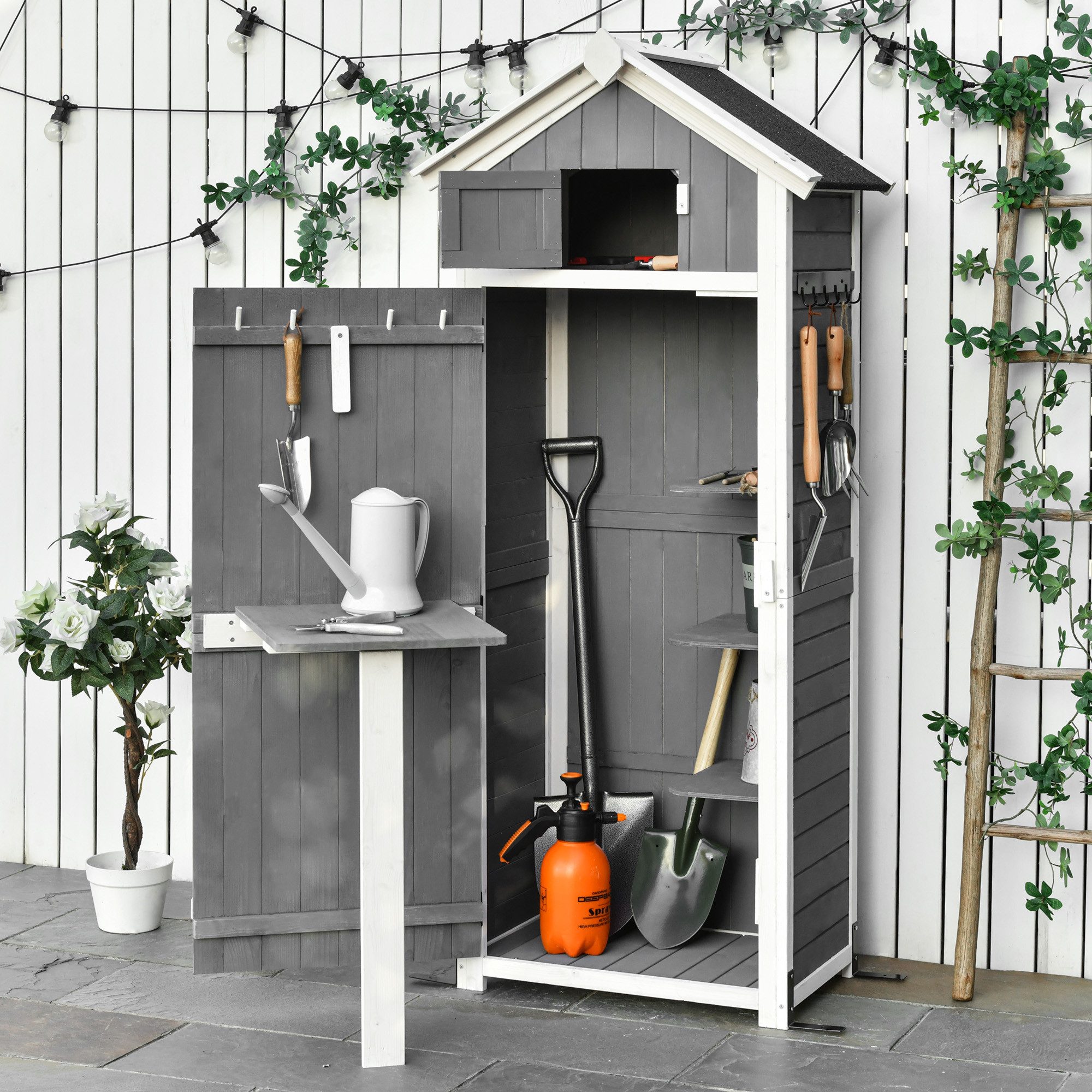 Outsunny Gerätehaus Gartenschrank Holz, Geräteschuppen wetterfest, Satteldach, BxT: 78x52.5 cm, (Geräteschuppen, 1 St., Gartenschrank), für Garten, Dunkelgrau