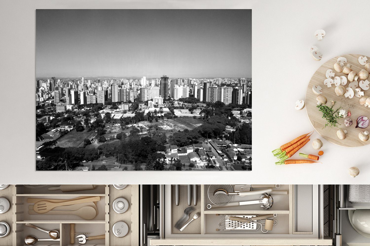 von tlg), Vinyl, MuchoWow Innenstadt weiß, in 70x52 (1 cm, Mobile - Skyline der Ceranfeldabdeckung Curitiba und Arbeitsfläche Herdblende-/Abdeckplatte schwarz Brasilien nutzbar,