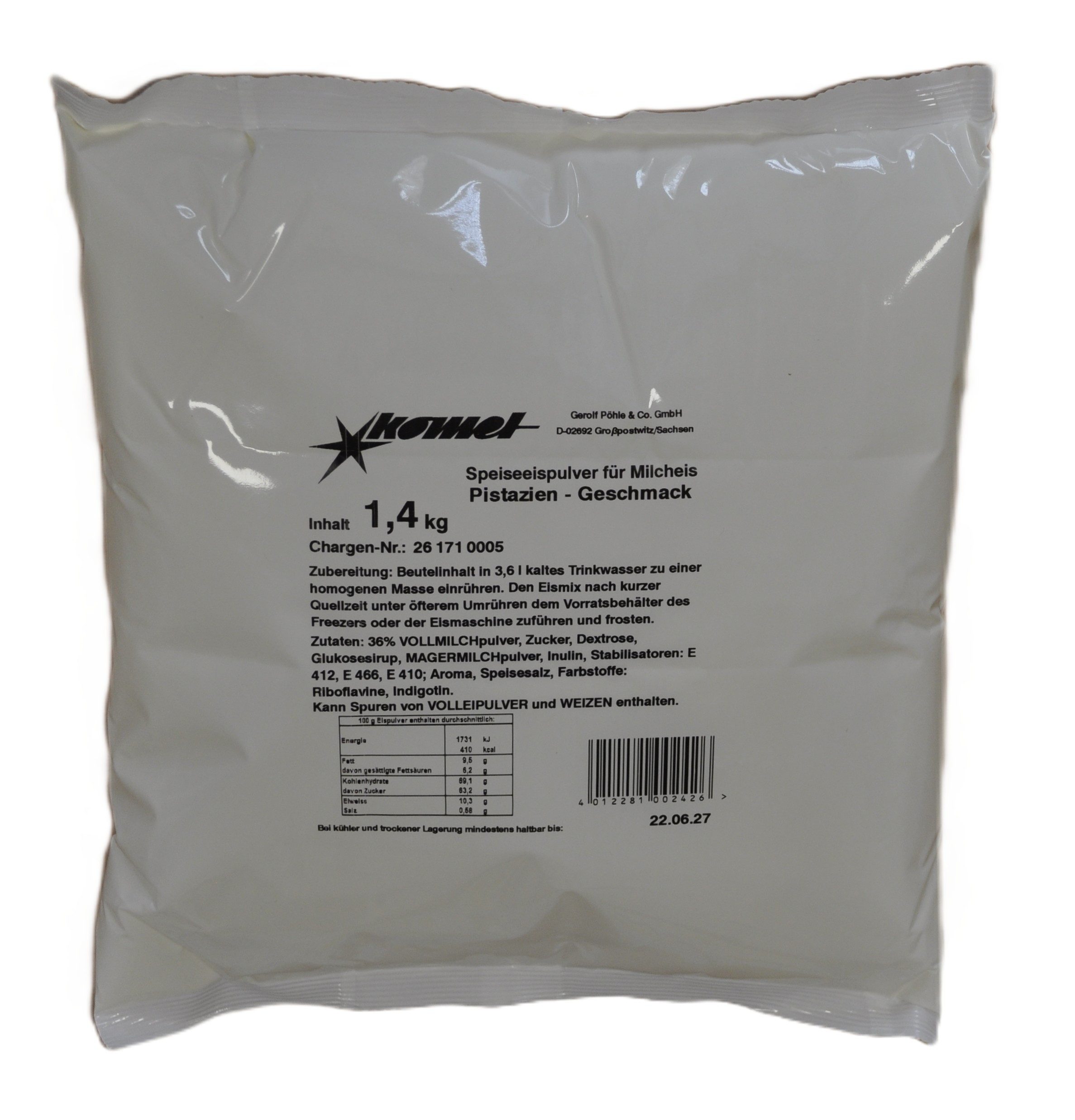 Komet Dessertpulver Pistazie1,40 kg, 1400 g, Eispulver Softeispulver Speiseeispulver Eismaschine