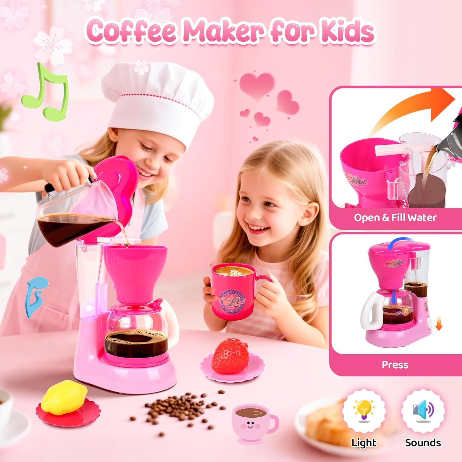 Greyghost Kinder-Küchenset Kinderküche Zubehör Set mit Mixer und Kaffeemaschine, (Kinderküche Zubehör Set mit Mixer Kaffeemaschine und Spielgeschirr, 11-tlg., Spielküche Zubehör mit Mixer Kaffeemaschine Tassen Obst für Kinder), Rollenspiel Zubehör für Kinderküchen Mit Licht- und Soundfunktion