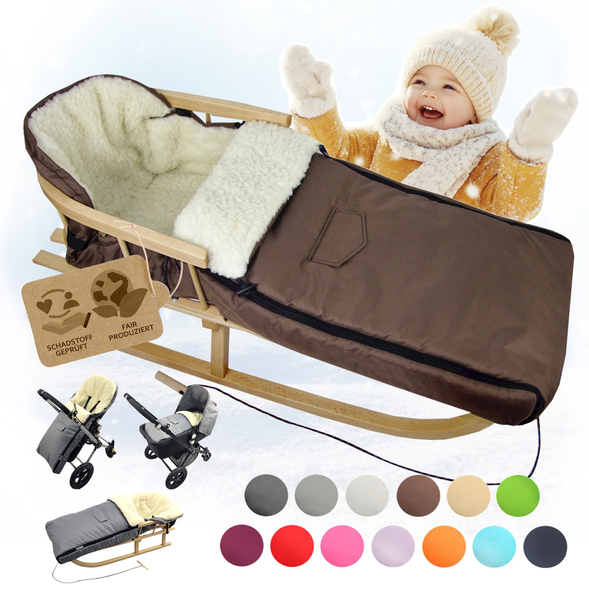 BambiniWelt by Rafael K. Schlitten CE-HOLZSCHLITTEN mit Rückenlehne Zugleine + WINTERFUßSACK Wolle 108cm (universaler Winterfußsack (108cm) + Holzschlitten (90cm), Kombi-Angebot