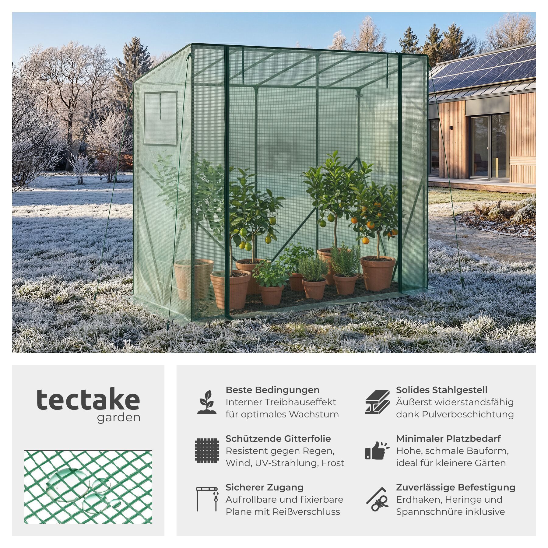 tectake Gewächshaus Foliengewächshaus Anton – wetterfest und UV-beständig, 0,10 mm Wandstärke, Set, 200 x 77 x 170 cm, inklusive Befestigungsmaterial, pulverbeschichteter Stahlrahmen