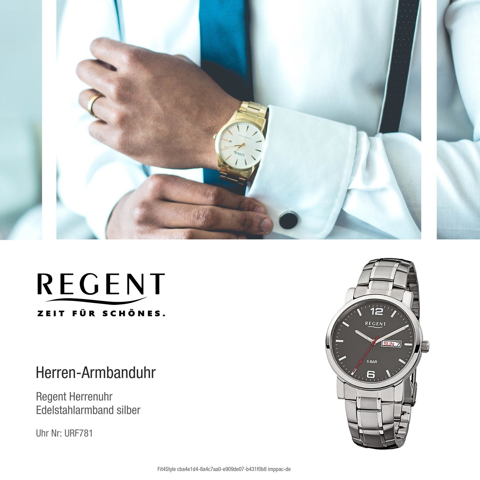 Regent Quarzuhr Regent Herren-Armbanduhr silber Armbanduhr Edelstahlarmband Herren rund, (ca. 39mm), mittel Analog