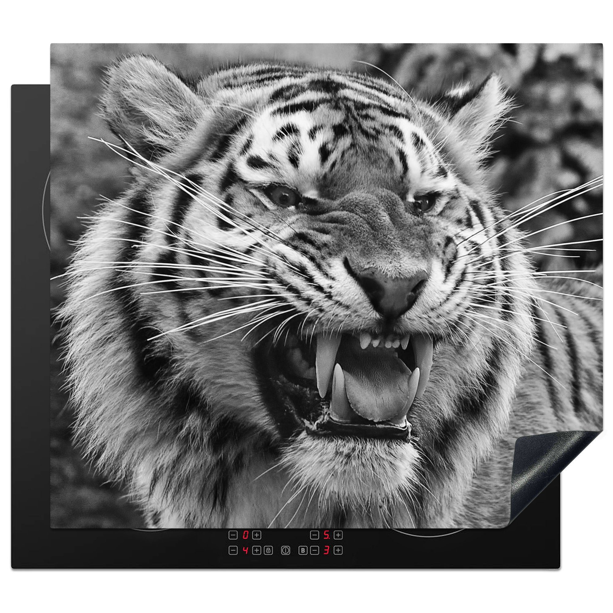 MuchoWow Herdblende-/Abdeckplatte Tiger - Tiere - Schwarz - Weiß, Vinyl, (1 tlg), 59x52 cm, Ceranfeldabdeckung für die küche, Induktionsmatte