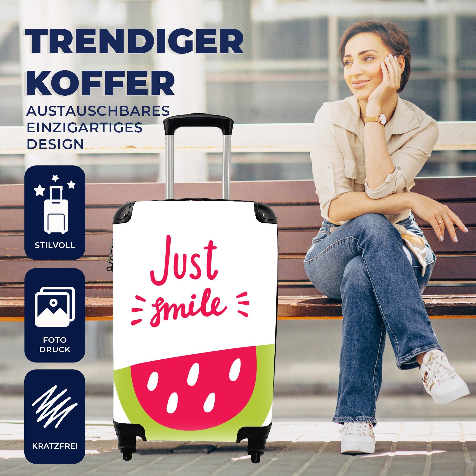 smile" mit einem Reisekoffer Ferien, dem 4 Rollen, Trolley, und Handgepäckkoffer Reisetasche Wassermelone, "Just MuchoWow Stück rollen, Handgepäck mit Zitat Illustration für