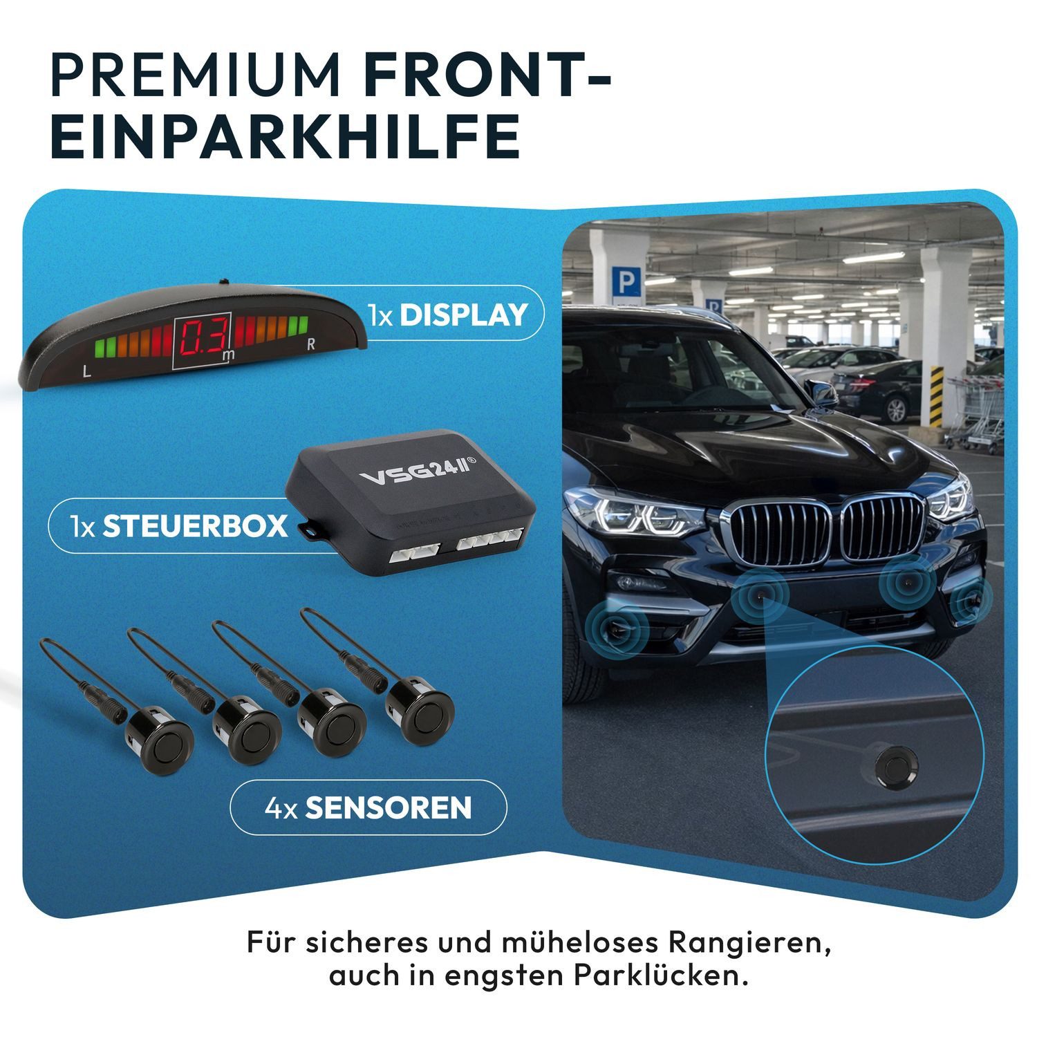 VSG24 Premium Einparkhilfe ECHO PLUS VORNE Display Parkhilfe zum nachrüsten Rückfahrkamera (Rückfahrwarner mit Display & 4 Sensoren Stecksystem Nachrüstsatz PDC)