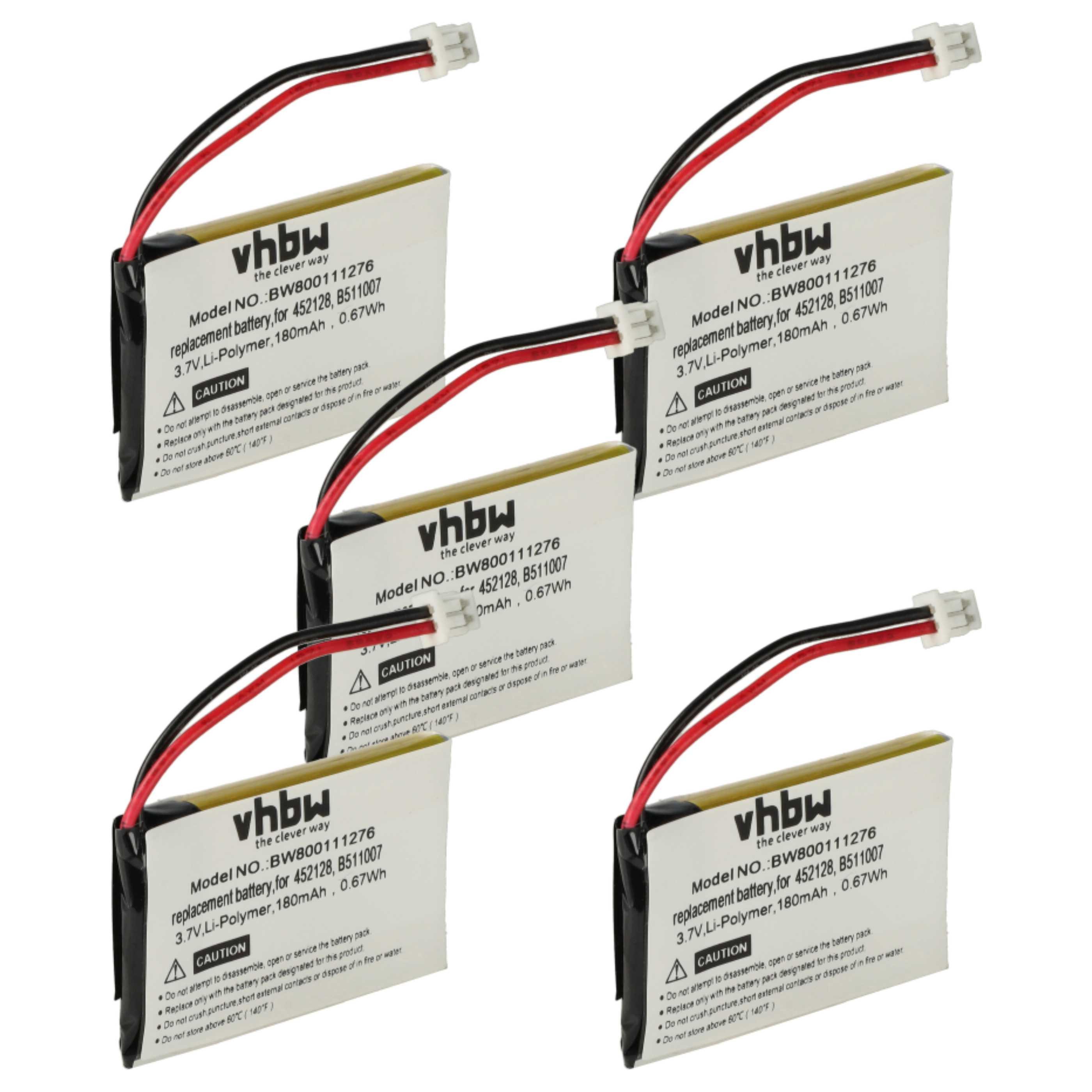 vhbw Akku passend für Plantronics CS60 Kopfhörer (180 mAh, 3,7 V, Akku Akku Li-Polymer 180 mAh (3,7 V, 5 St), Leistungsfähige Austausch-Akkus für schnurlosen Kopfhörer, Headset