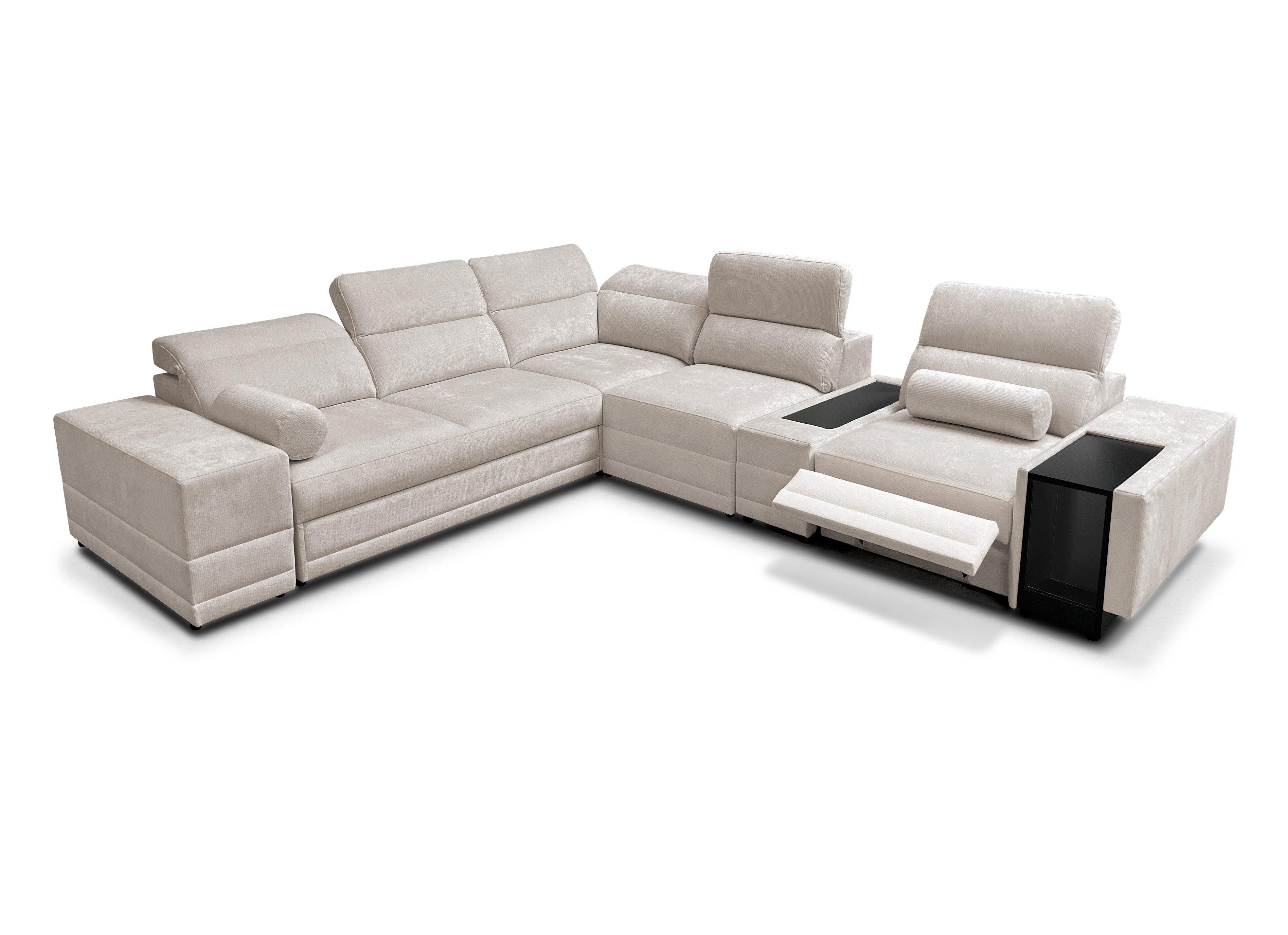 Möbel für Dich Ecksofa Enzo 13 MIX mit elektrisch ausfahrbarer Fußstütze und Mittelkonsole, mit Schlaffunktion, Bettkasten und verstellbaren Kopfstützen