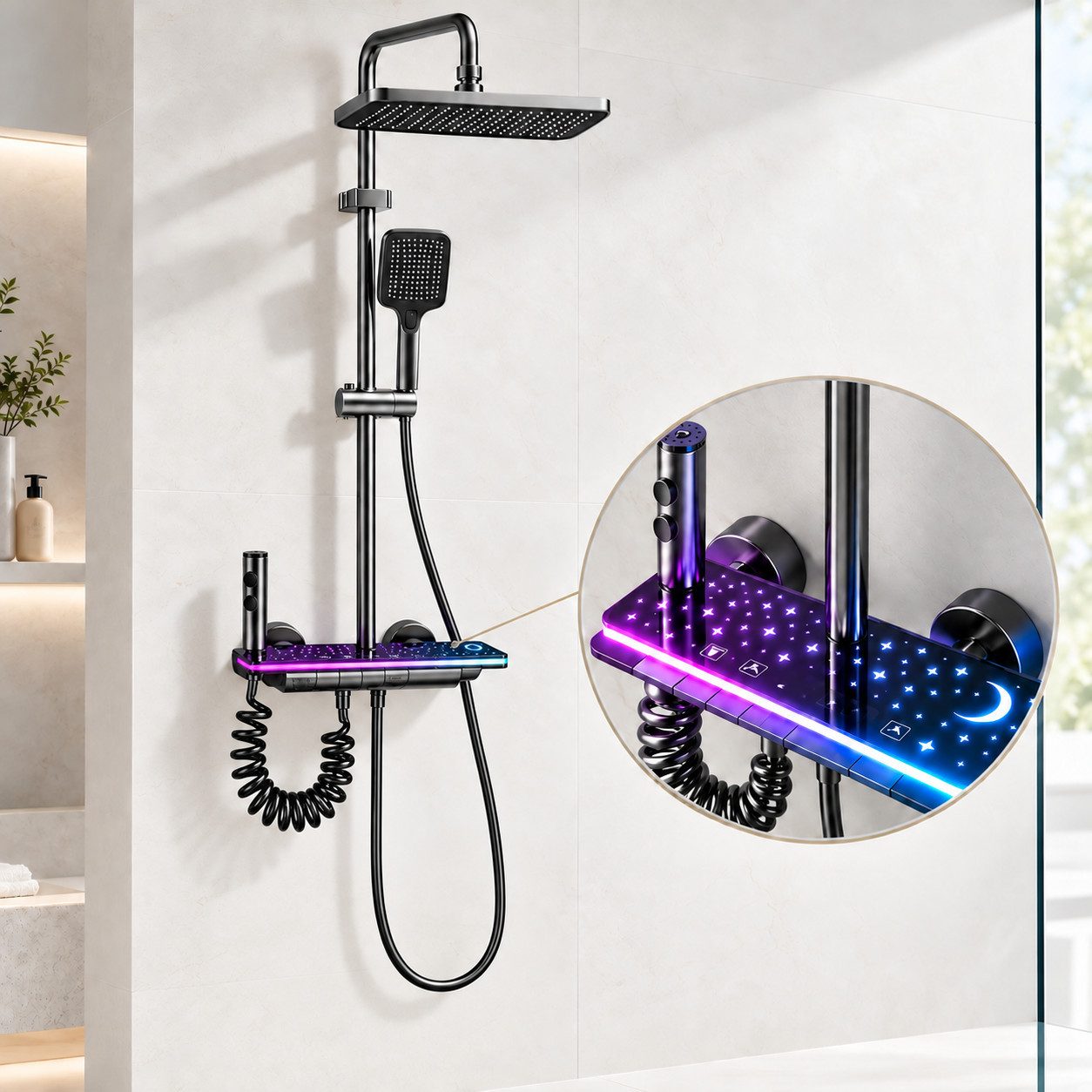 LuxaSteel Duschsystem Duscharmatur mit Regendusche, LED, Temperatur- und Duschzeitanzeige, 5 Strahlart(en), Komplett-Set, Direkt einsatzbereit, betrieben durch internes Wasserkraftwerk, keine externe Stromquelle