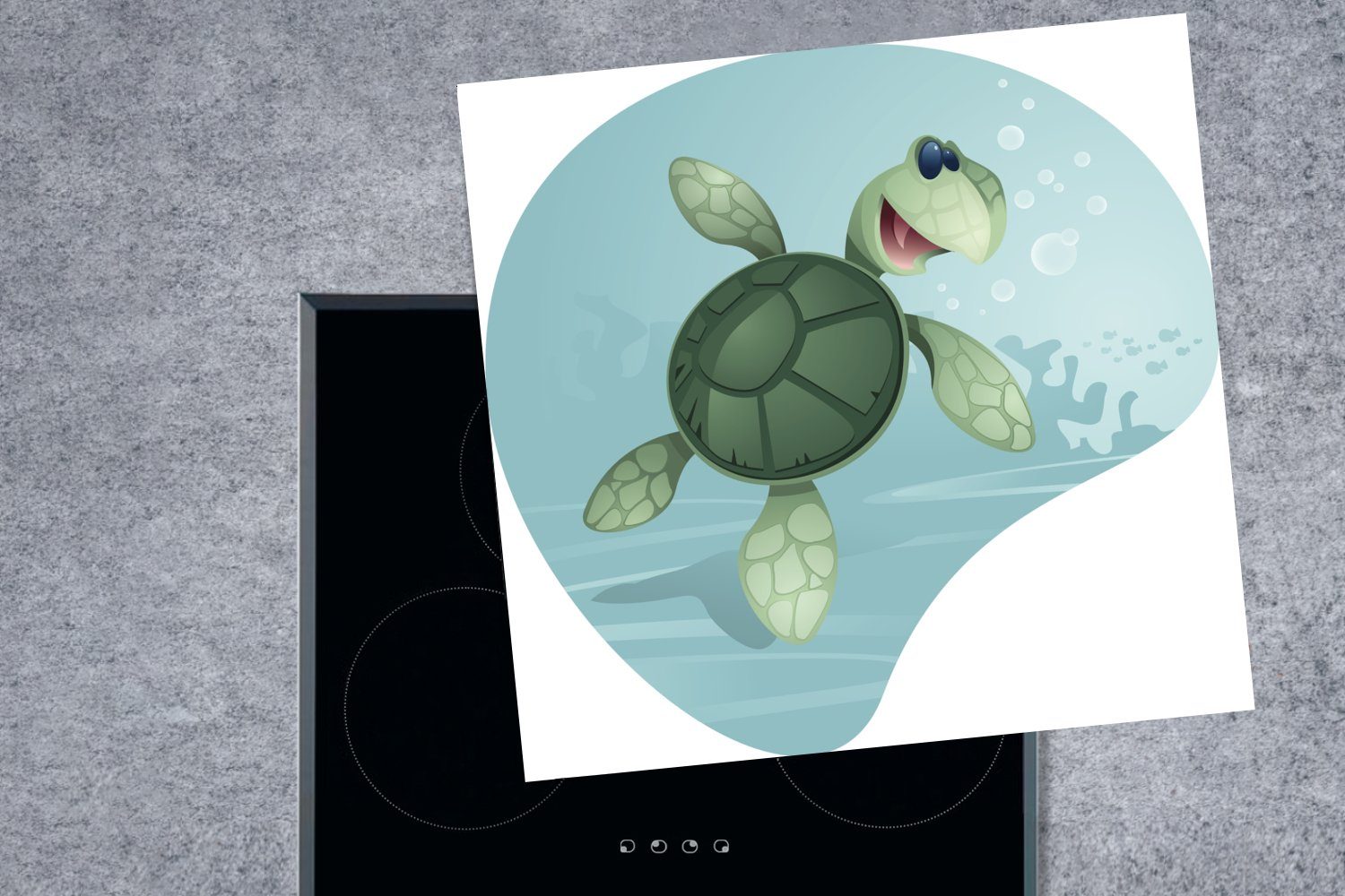 tlg), Wasser, einer (1 küche für Illustration MuchoWow 78x78 grünem Vinyl, cm, Herdblende-/Abdeckplatte Ceranfeldabdeckung, Schildkröte in Arbeitsplatte