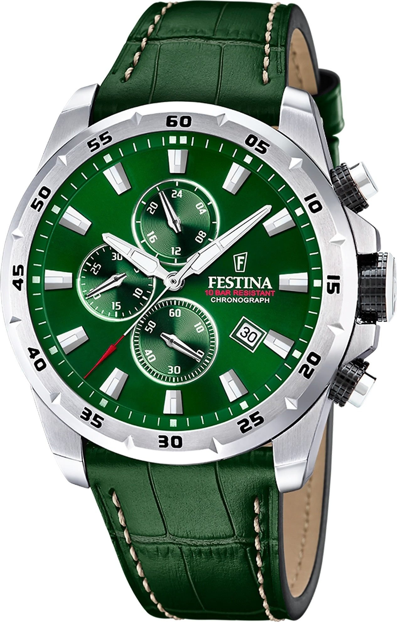 Festina Chronograph Festina Herrenuhr Leder grün Festina, (Chronograph), Herren Armbanduhr rund, Lederarmband grün, Elegant