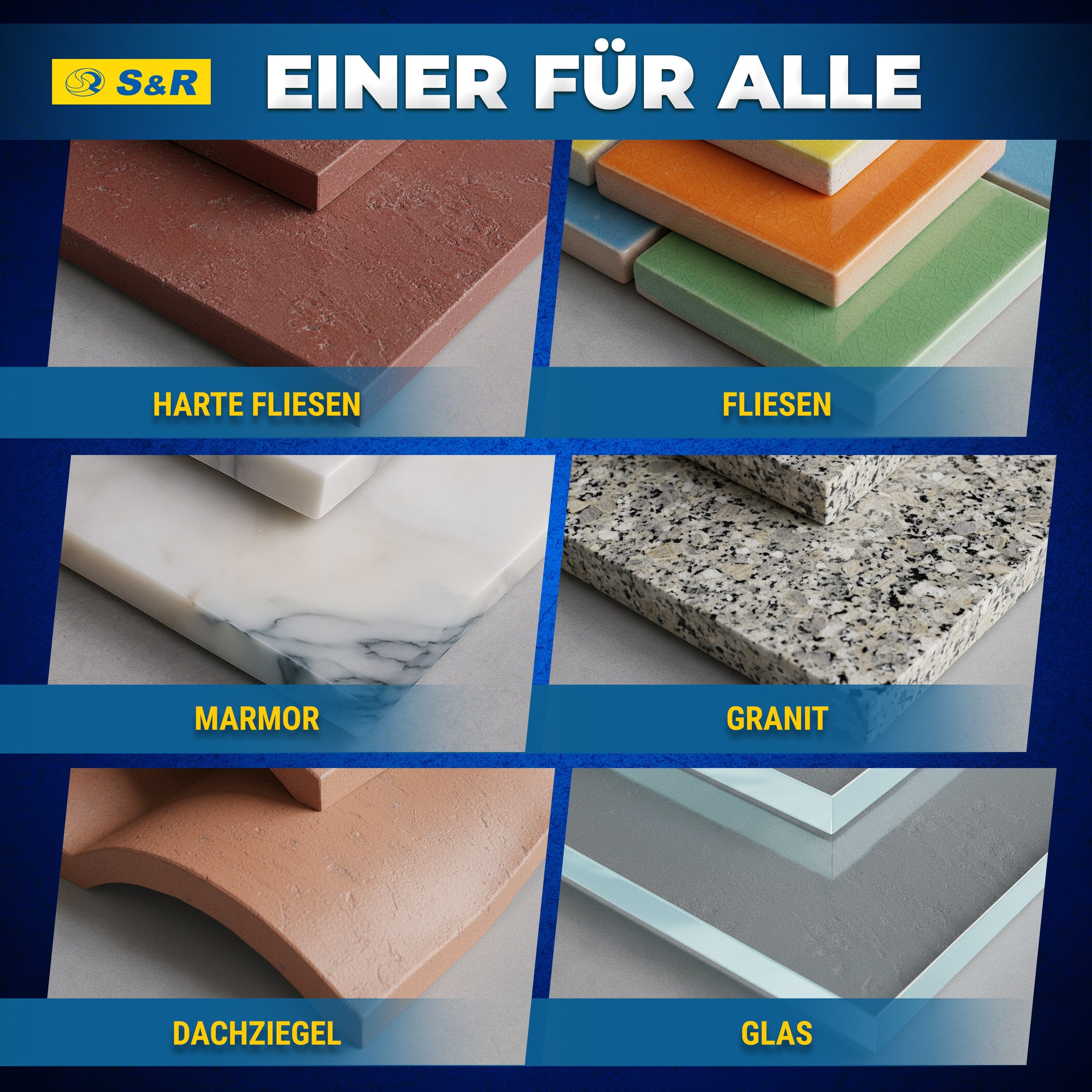 S&R Glasbohrer Professional Keramikbohrer Set 5-tlg, 4mm 5mm 6mm 8mm 10mm, für Feinsteinzeug, Keramik, Hartkeramik, Granit, Glas, Marmor