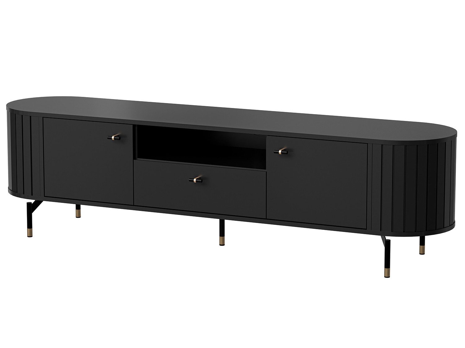 Beautysofa TV-Schrank ZALIA mit Schublade und Stauraum (Retro-Design, geriffelte Seiten, Metallbeine mit Goldakzenten) Cashmere oder Schwarz