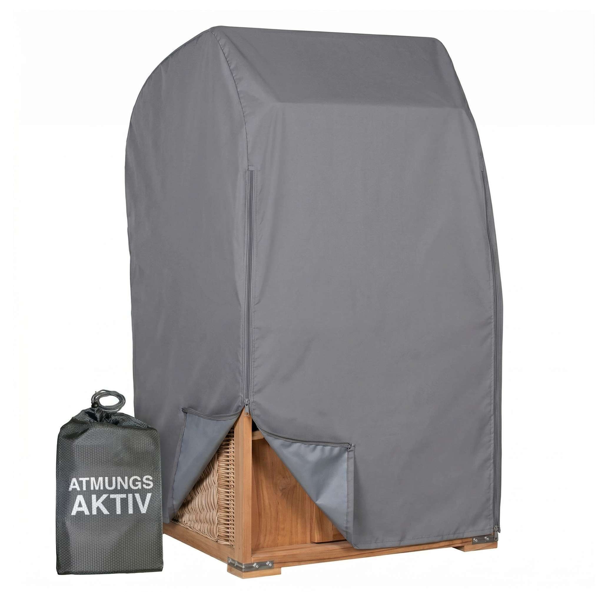 MR.DEKO Strandkorb-Schutzhülle Aero Protect S – Atmungsaktiv & Wetterfest, Dunkelgrau (Passend für 2-Sitzer z.B. Modelle Düne, Seeblick, 1-St), Abdeckung, Reißverschlüssen & Zugband – Schutz vor Schimmel & Regen