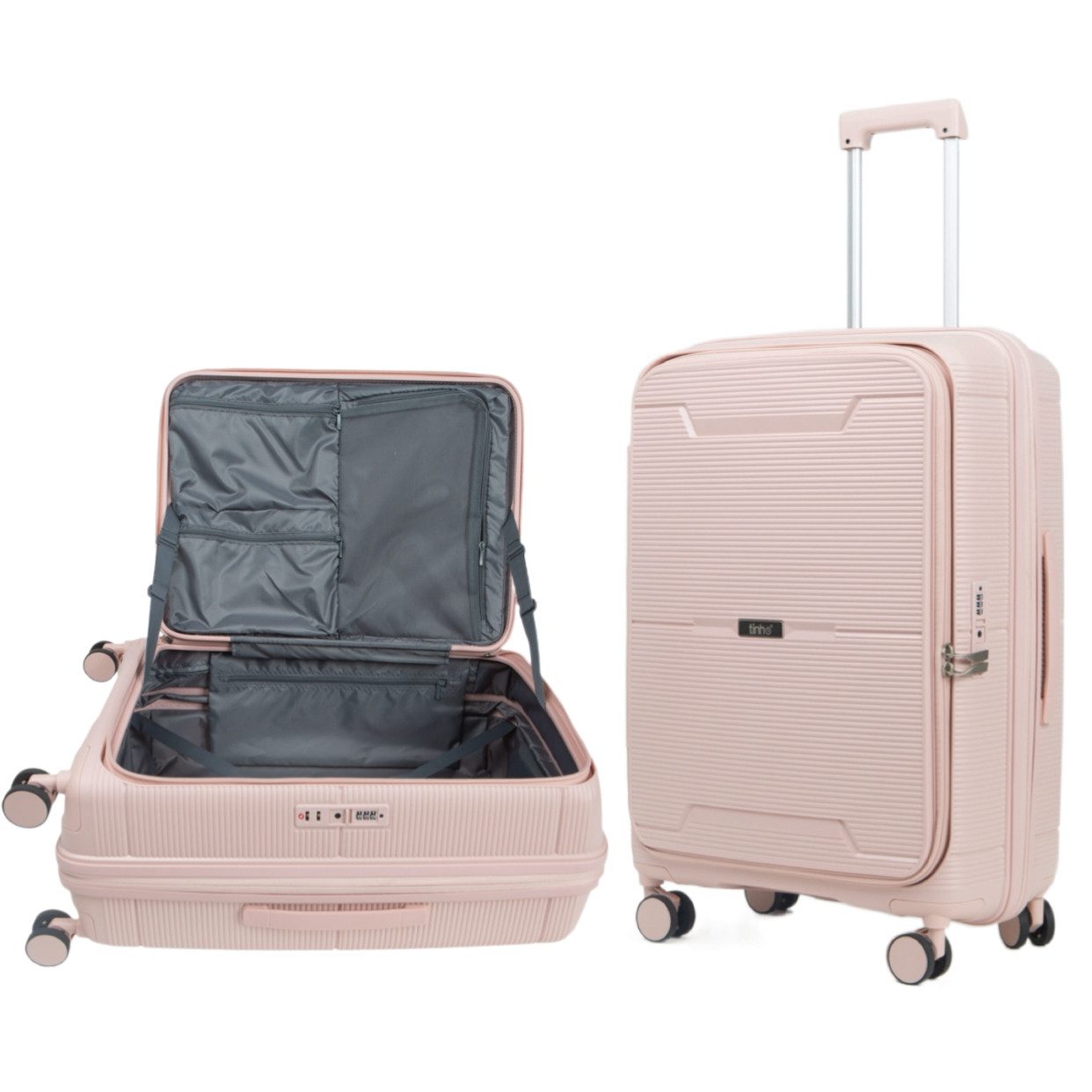 Super Solu Hartschalen-Trolley Erweiterbarer Hartschalenkoffer, Frontöffnung Reisekoffer aus PP, 4 Rollen, 360° Doppelrollen, M/20 Zoll, Rosa, TSA-Zahlenschloss, Polypropylen
