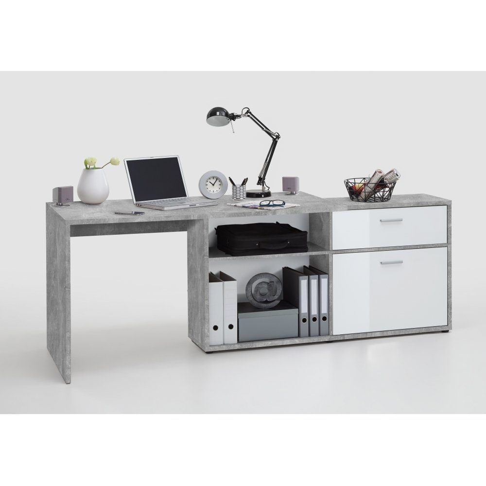 Winkelschreibtisch FMD / grau Nb. DIEGO Möbel Schreibtisch Eckschreibtisch Hochglanz Light Schreibtisch Beton weiß
