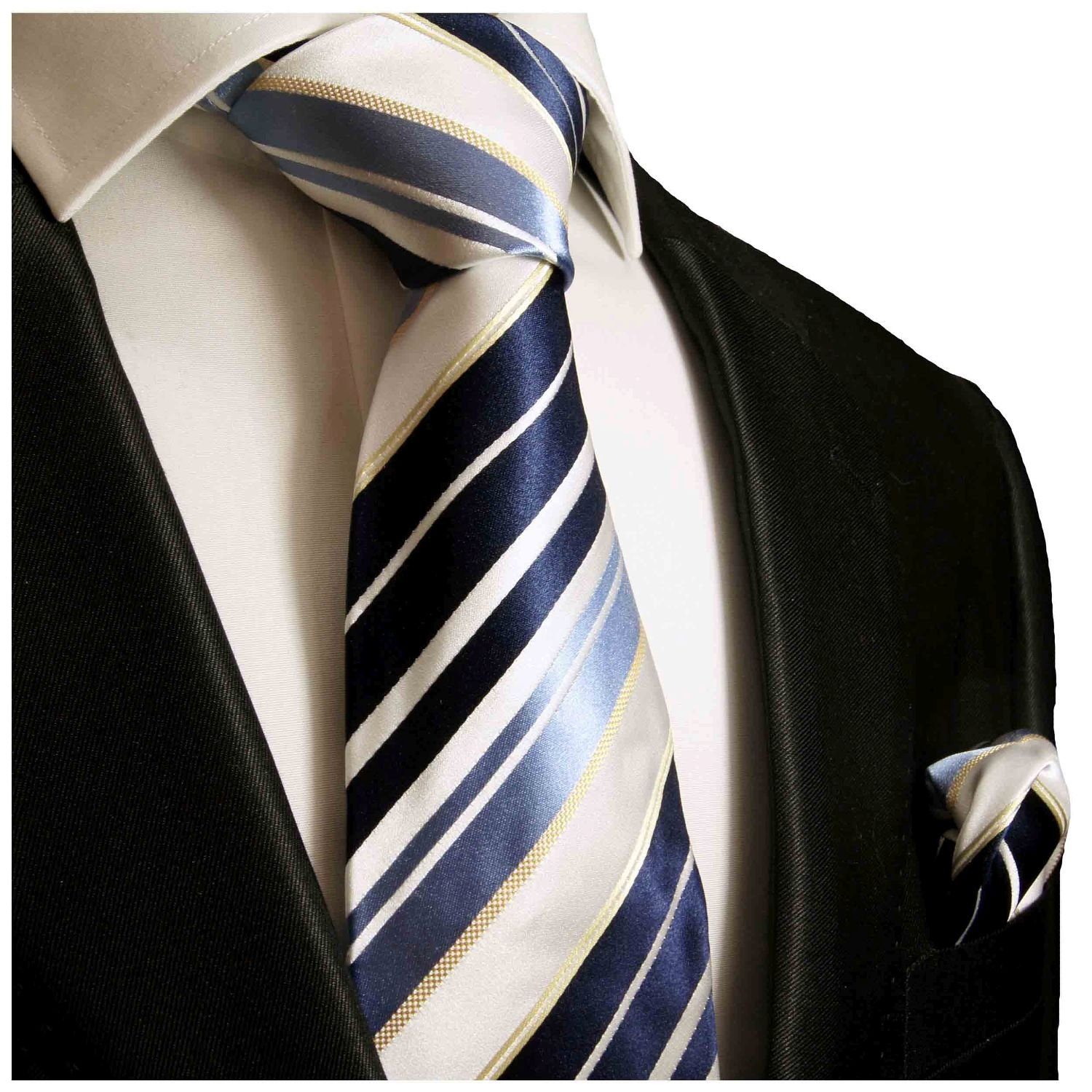 Krawatte weiß mit blau 924 Herren gestreift (Set, Seide Seidenkrawatte und (6cm), Schmal Paul Einstecktuch) 100% 2-St., Malone Krawatte Tuch