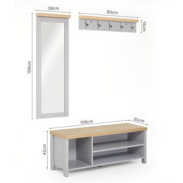 Mondeer Garderoben-Set Flurmöbel-Set, (3-St),Schuhbank Wandspiegel und Wandgarderobe, Grau+Natur