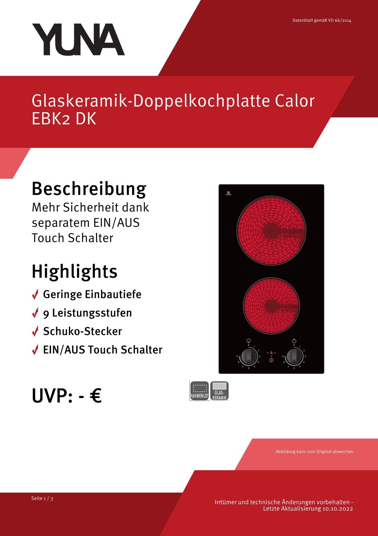 YUNA Doppelkochplatte YUNA Glaskeramik-Doppelkochplatte Calor EBK2 DK, 9 Leistungsstufen – Bild 5 von 5