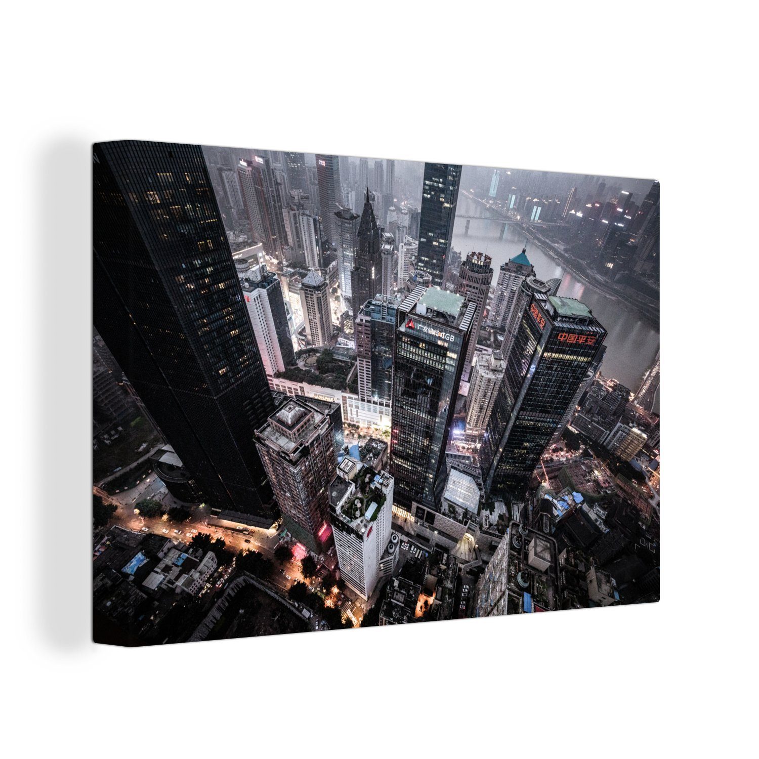 Chongqing cm Luftaufnahme Wanddeko, China, St), (1 Leinwandbilder, 30x20 OneMillionCanvasses® Leinwandbild in Wandbild von am Abend Aufhängefertig,
