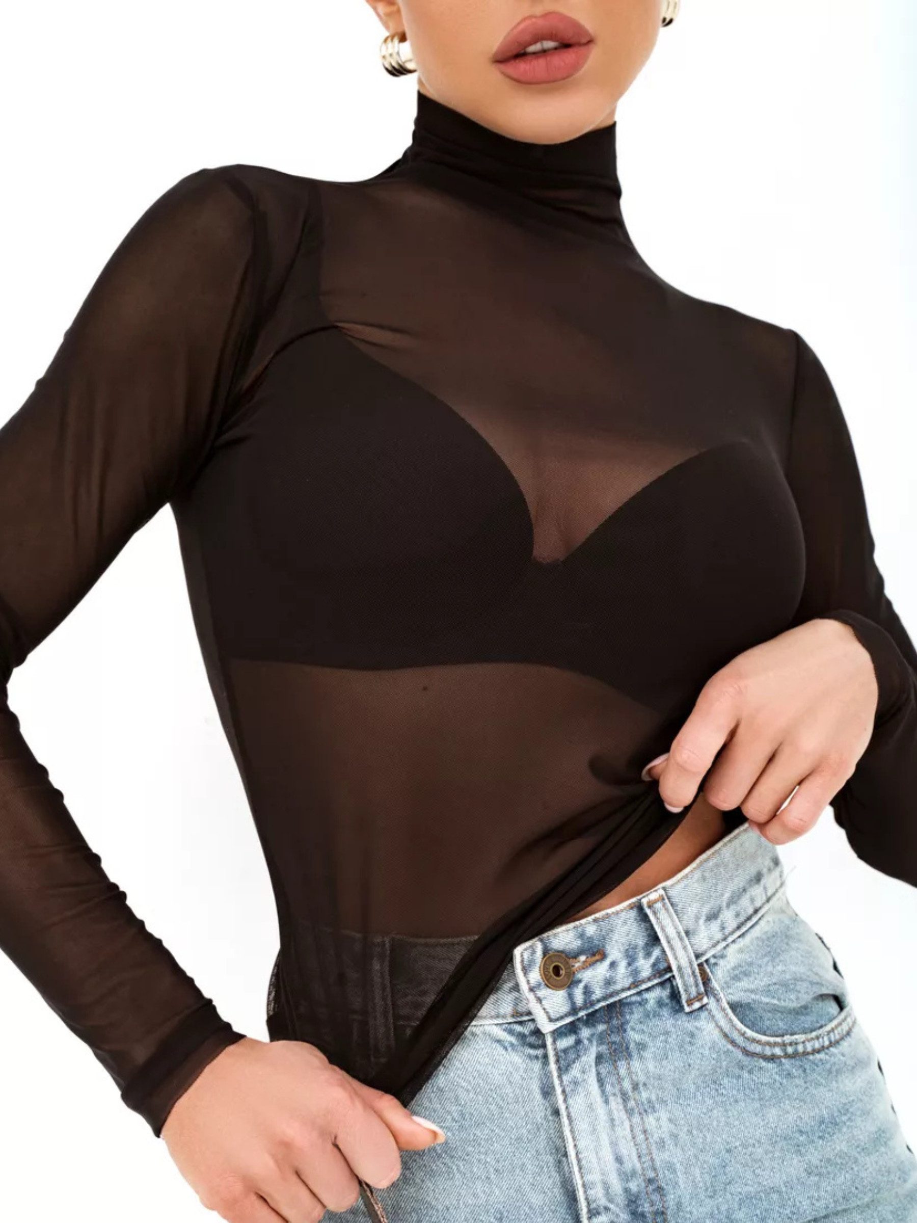 Elegant Love Langarmshirt Damen Mesh-Shirt, transparent, langärmelig, mit Stehkragen Ausgeh-Oberteil für Party und Club – Durchsichtiges Shirt