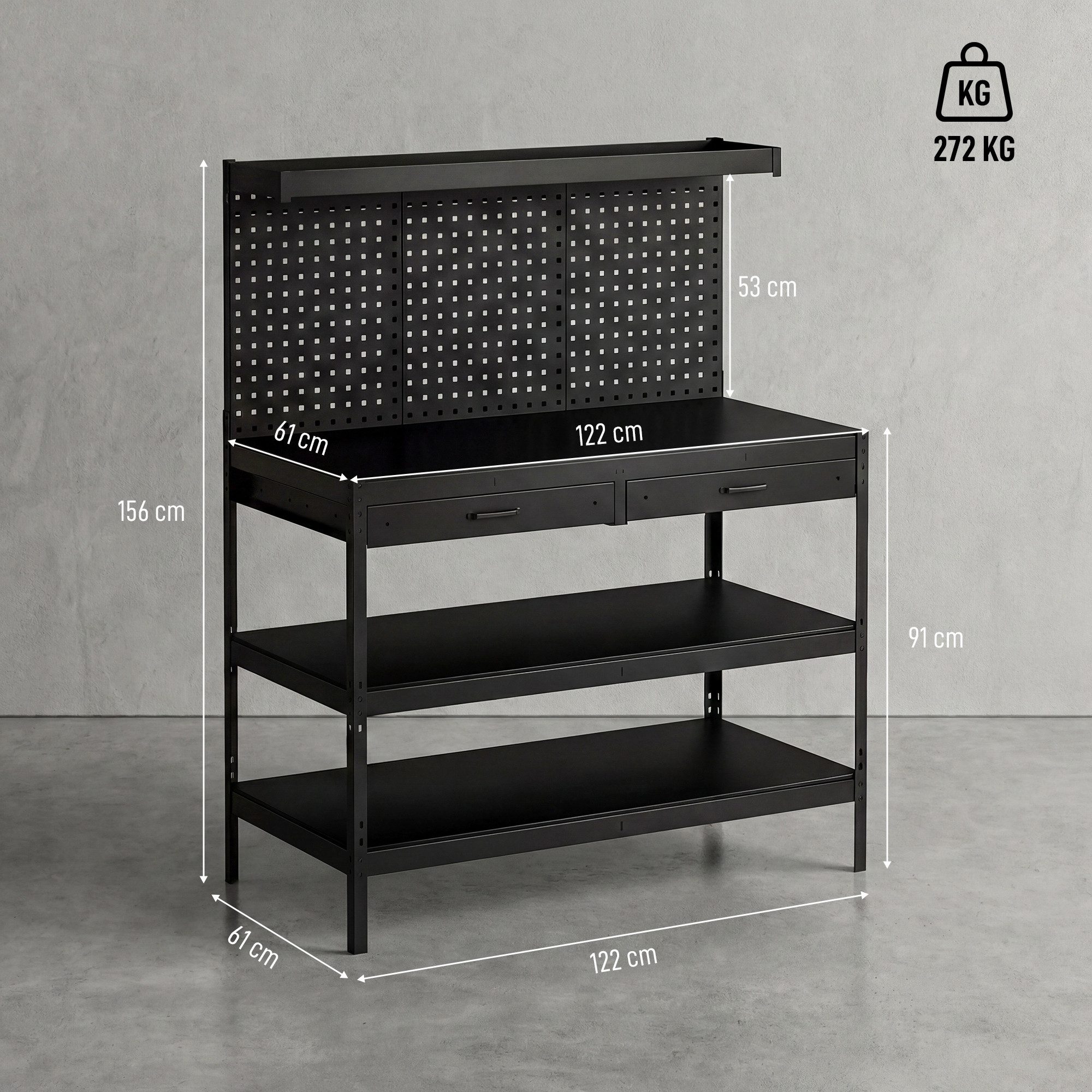 HOMCOM Werkbank Arbeitstisch mit Lochwand, 2 Schubladen, Werktisch, (Set, 1-tlg), 272kg Tragkraft