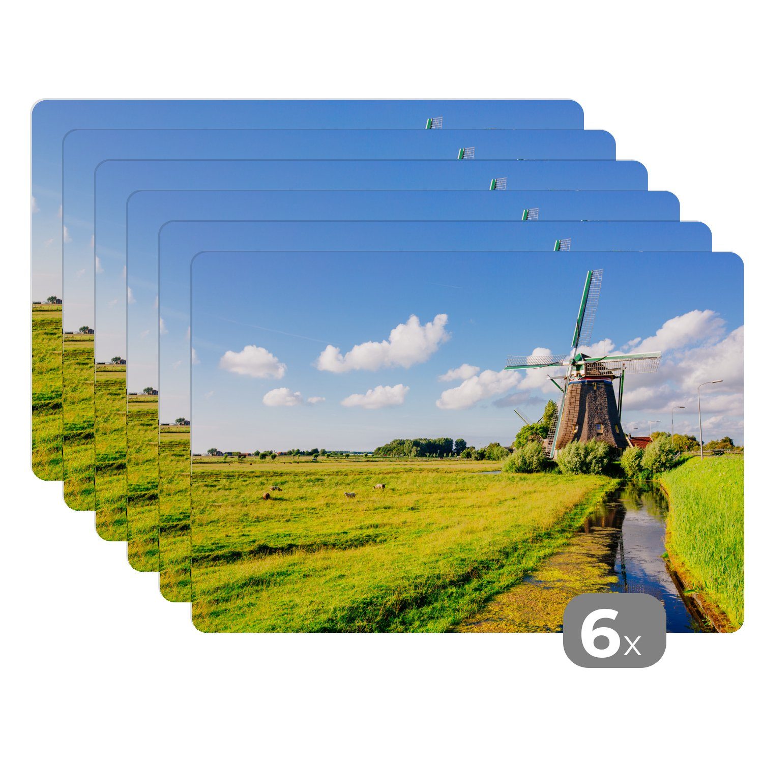 Platzset, Mühle - Gras - Niederlande, MuchoWow, (6-St), Platzset, Platzdecken, Platzmatte, Tischmatten, Schmutzabweisend