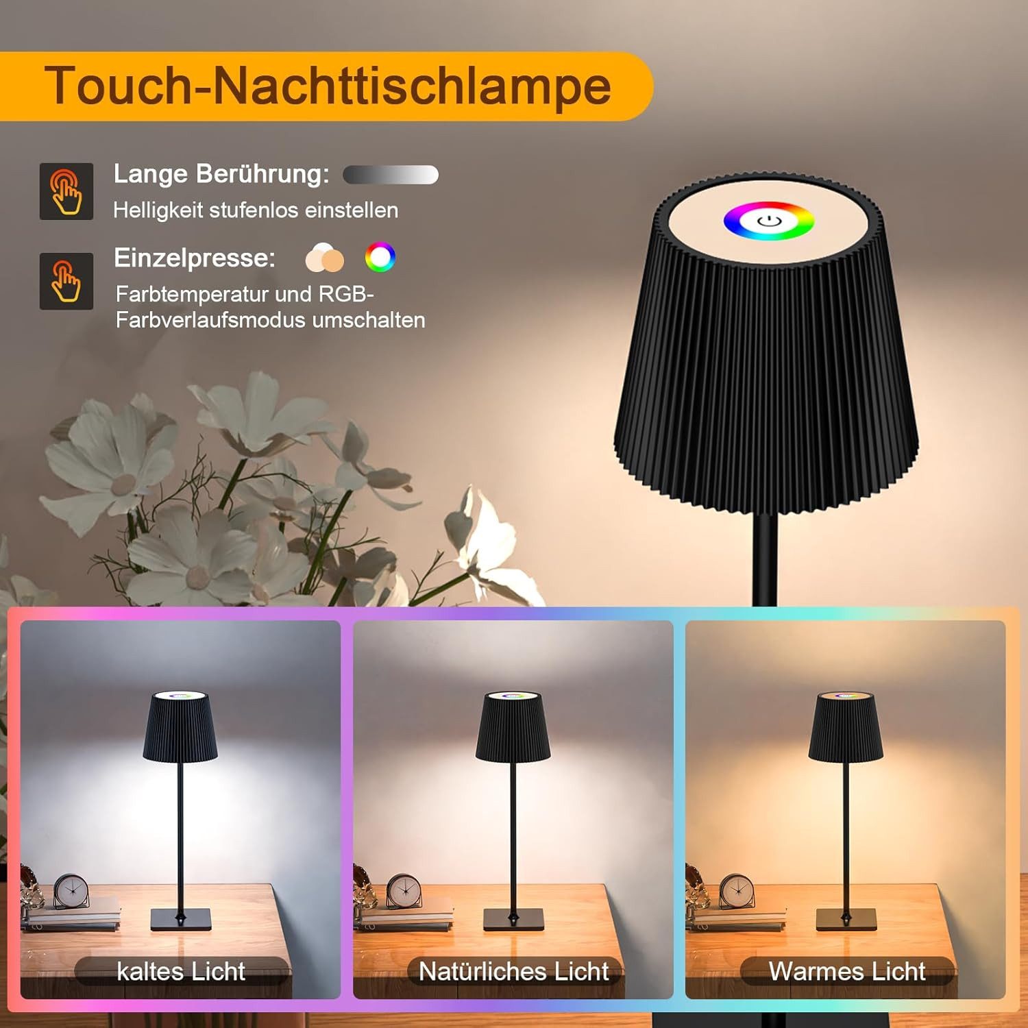 skelo LED Tischleuchte Tischlampe Kabellos Touch Dimmbar RGB 3 Farbtemperatur Nachttischlampe, Wiederaufladbare Tischlampe mit Farbwechsel, Akku Tischlampe Aufladbar, RGB & 3 Farbtemperatur, Warmlicht 3000K, Naturlicht 4000K, Kaltlicht 6500K, RGB-Lichtmodus, Höhenverstellbar (40,5 cm/26 cm), Tragbar, Dimmbar